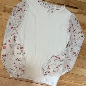 Women's White Pullover with Sheer Floral Sleeves
